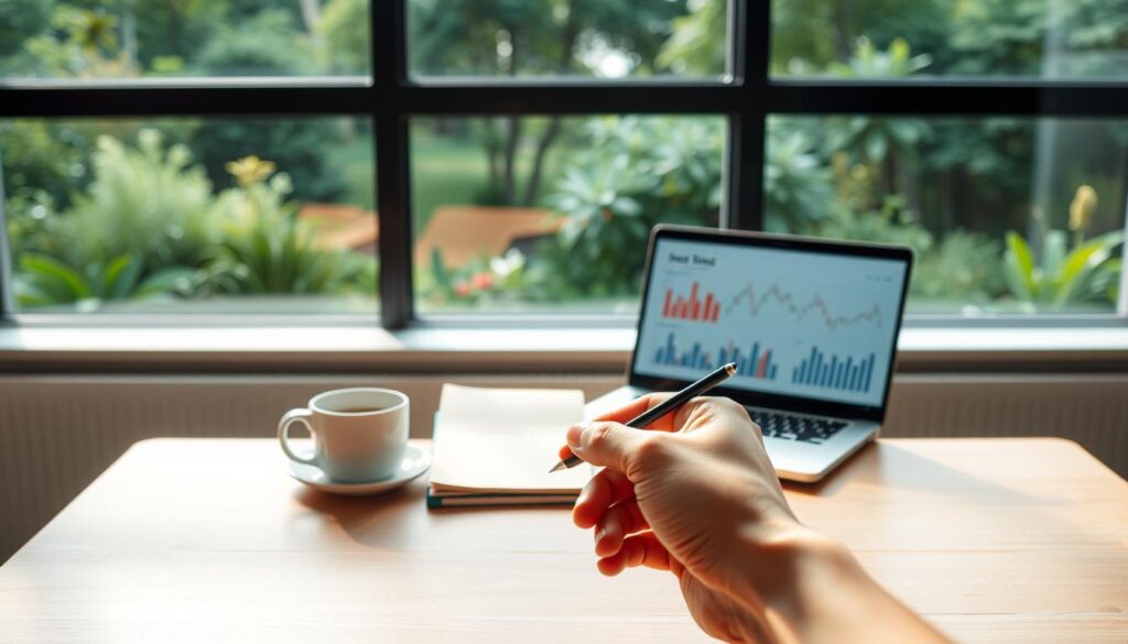 Investing for Beginners: A serene, minimalist office setting with a large window overlooking a lush garden. On a sleek, wooden desk, a laptop displays financial charts and graphs, accompanied by a cup of coffee and a succinct notepad. Soft, natural lighting filters through the window, creating a calming atmosphere. In the foreground, a hand holds a pen, poised to take notes, reflecting the thoughtful and focused nature of the learning process. The overall scene conveys a sense of financial education, clarity, and the pursuit of personal financial growth.
