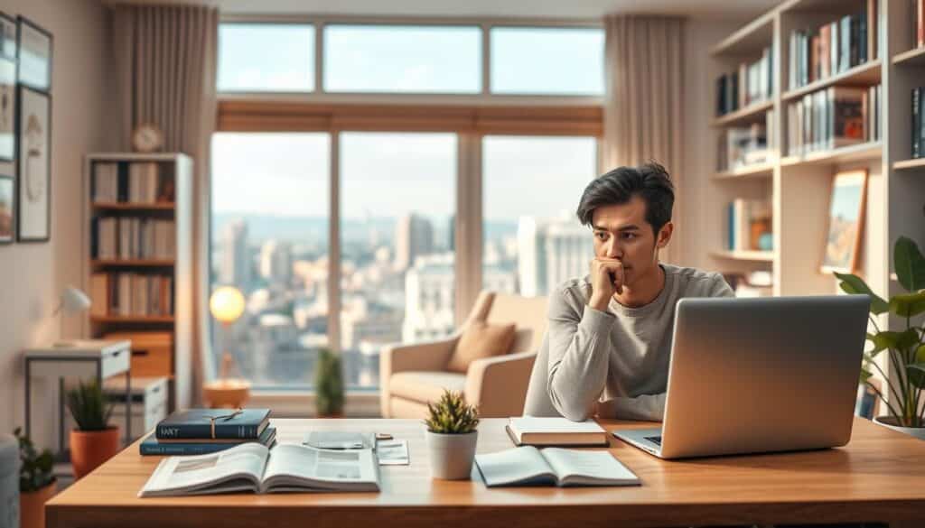 Investing for Beginners: A thoughtful scene set in a cozy home office. The foreground features a desk with a laptop, books, and a small potted plant, conveying a sense of productivity and learning. The middle ground shows a comfortable armchair and a warm, soft lighting that creates a welcoming atmosphere. The background showcases shelves filled with financial literature and a large window overlooking a serene, urban landscape, symbolizing the broader financial world. The overall mood is one of focus, curiosity, and a desire to understand the fundamentals of investing. Investing for Beginners: A thoughtful scene set in a cozy home office. The foreground features a desk with a laptop, books, and a small potted plant, conveying a sense of productivity and learning. The middle ground shows a comfortable armchair and a warm, soft lighting that creates a welcoming atmosphere. The background showcases shelves filled with financial literature and a large window overlooking a serene, urban landscape, symbolizing the broader financial world. The overall mood is one of focus, curiosity, and a desire to understand the fundamentals of investing.