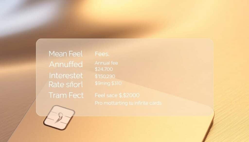 Momentum Visa Infinite fees displayed on a sleek metallic background, showcasing the card's premium design. The foreground features a close-up view of the card, capturing its shiny surface and embossed logo, with a soft, warm lighting highlighting the details. In the middle ground, a transparent overlay presents the key fees and costs associated with the card, such as annual fee, interest rates, and transaction fees, all rendered in a clear, legible font. The background maintains a subtle, minimalist aesthetic, allowing the card and fee information to take center stage, conveying a sense of sophistication and financial responsibility.