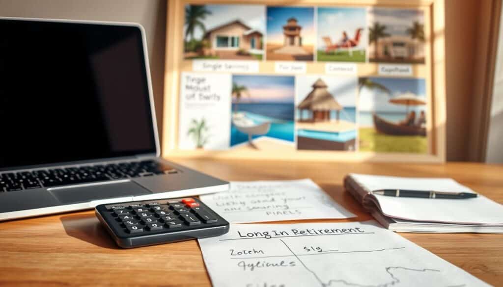 Realistic financial goals: a neatly organized desk with a laptop, calculator, and notes capturing short-term savings targets and long-term retirement plans. Warm, natural lighting casts a sense of focus and determination. In the background, a vision board with images of a dream home, vacation, and a comfortable retirement. Subtle textures and muted colors evoke a sense of stability and security. The overall composition conveys a well-thought-out financial strategy to secure one's future. Realistic financial goals: a neatly organized desk with a laptop, calculator, and notes capturing short-term savings targets and long-term retirement plans. Warm, natural lighting casts a sense of focus and determination. In the background, a vision board with images of a dream home, vacation, and a comfortable retirement. Subtle textures and muted colors evoke a sense of stability and security. The overall composition conveys a well-thought-out financial strategy to secure one's future.