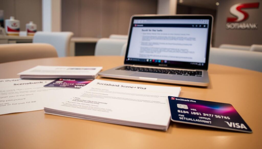 Scene of a desk with a laptop, credit cards, and documents related to Scotiabank Scene+ Visa fees and terms. The desk is well-lit, with a warm, professional atmosphere. In the foreground, the credit cards and documents are neatly arranged, showcasing the key details about the Visa's fees, interest rates, and important terms. In the middle ground, the laptop displays a webpage with additional information. The background features a neutral, office-like setting, with subtle hints of the Scotiabank branding. The overall composition conveys a sense of informative clarity and attention to financial details.