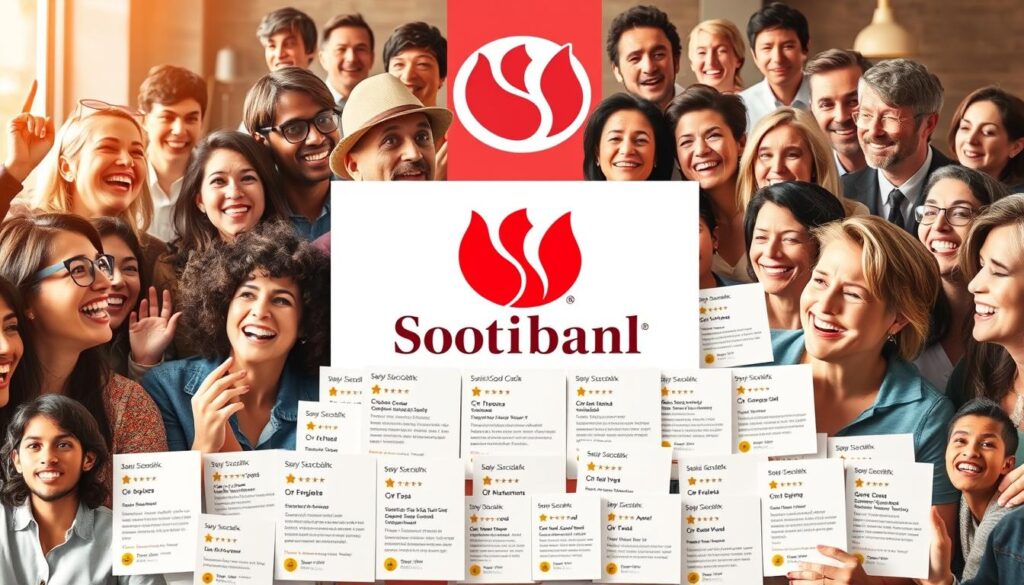 Scotiabank Gold reviews Canada: a vibrant collage showcasing real user experiences. In the foreground, a group of diverse individuals enthusiastically sharing their perspectives, their expressions conveying a sense of satisfaction and contentment. The middle ground features a neatly organized array of customer review cards, each offering insights into the card's benefits and features. The background showcases the iconic Scotiabank logo, lending an air of authority and trust to the scene. Warm, natural lighting illuminates the composition, creating a welcoming and inviting atmosphere. The overall impression is one of a thriving, engaged community of Scotiabank Gold cardholders, providing a compelling visual representation of the "Real user experiences and common questions from Canadians" section.
