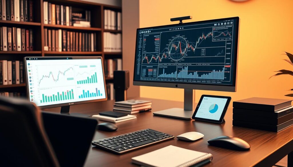 Sophisticated office workspace with various financial analysis tools and software. Sleek and organized desktop setup featuring a high-resolution monitor displaying complex financial charts and graphs, alongside a keyboard, mouse, and a tablet for digital note-taking. Warm ambient lighting casts a professional glow, complementing the neutral color palette of the desk and accessories. In the background, a bookshelf filled with finance and economics textbooks, creating an atmosphere of intellect and expertise. The scene conveys a sense of productivity, analysis, and attention to detail, ideal for illustrating the tools and software used in economic analysis. Sophisticated office workspace with various financial analysis tools and software. Sleek and organized desktop setup featuring a high-resolution monitor displaying complex financial charts and graphs, alongside a keyboard, mouse, and a tablet for digital note-taking. Warm ambient lighting casts a professional glow, complementing the neutral color palette of the desk and accessories. In the background, a bookshelf filled with finance and economics textbooks, creating an atmosphere of intellect and expertise. The scene conveys a sense of productivity, analysis, and attention to detail, ideal for illustrating the tools and software used in economic analysis.