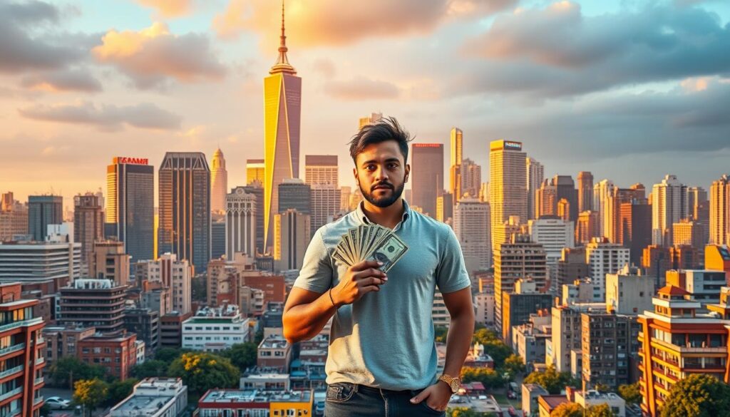 Vibrant urban landscape, bustling with opportunities. In the foreground, a determined individual stands, holding a stack of bills, symbolizing the pursuit of increased income. The mid-ground features a diverse array of side hustles and gig work, from online entrepreneurship to skilled craftsmanship. In the background, a towering skyline, illuminated by the warm glow of success, represents the potential for financial growth and prosperity. Warm, golden lighting casts a hopeful ambiance, inspiring viewers to seize the day and unlock their full earning potential.