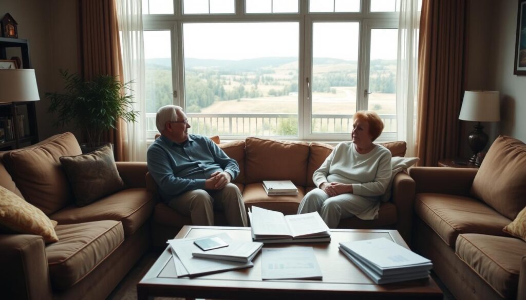 Warm, inviting living room with comfortable seating arrangements, a large window overlooking a serene landscape, and a coffee table adorned with financial planning materials. A mature couple sits together, deeply engaged in a discussion, their expressions reflecting a sense of focused consideration. Soft lighting casts a gentle glow, creating an atmosphere of contemplation and mutual understanding. The room conveys a sense of security and well-being, symbolizing the importance of thoughtful retirement planning.