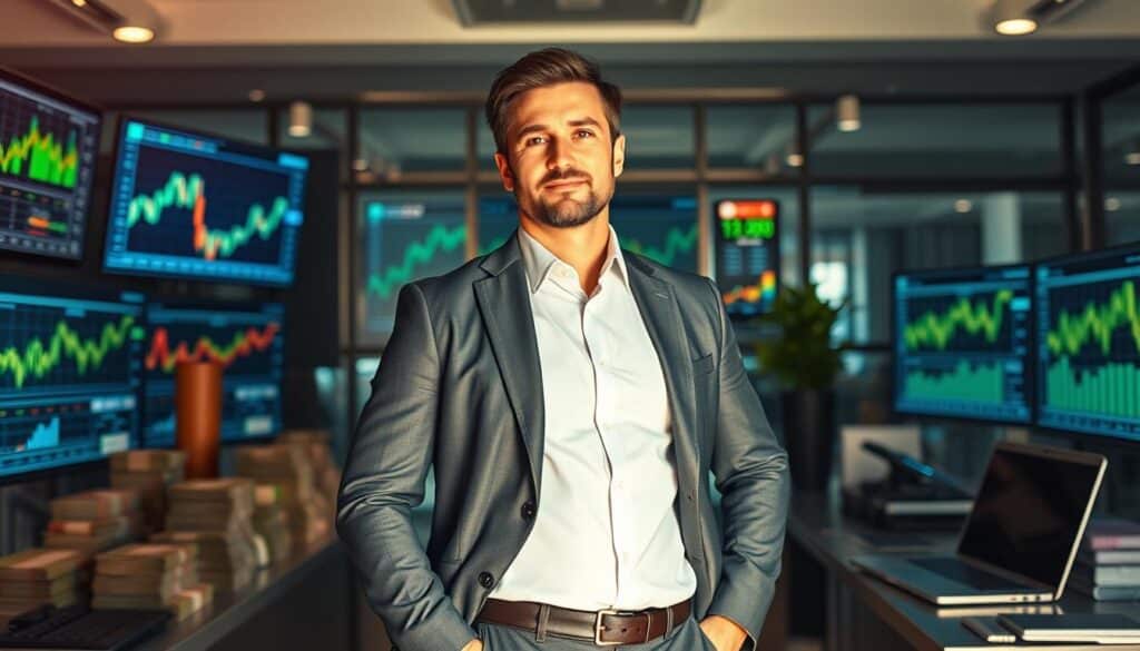a dynamic and successful business executive standing confidently in a well-lit modern office, surrounded by symbols of financial growth and prosperity - stacks of currency, digital screens displaying stock charts and financial data, a sleek laptop and other high-tech devices. The executive is dressed in a sharp, tailored suit, exuding an air of authority and determination. The lighting is warm and directional, casting dramatic shadows that accentuate the confident pose. The background is blurred, allowing the executive to be the focal point, conveying a sense of focus, drive and the ability to maximize income and career opportunities.