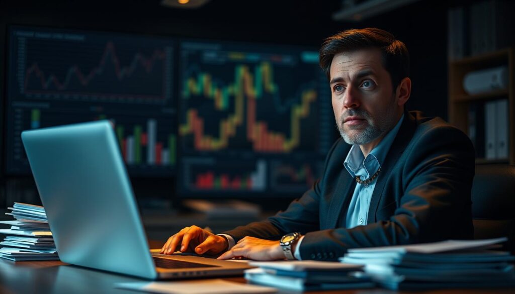 a high-contrast, cinematic image of a financial advisor or accountant sitting at a desk, surrounded by stacks of documents and a laptop, with a thoughtful expression on their face. In the background, there are blurred charts, graphs, and financial data visualizations, suggesting the complexities of tax-efficient investing. The lighting is warm and focused, with a slightly moody, introspective atmosphere. The composition highlights the advisor's focus and attention to detail, conveying the importance of strategic, tax-conscious investing for long-term growth.