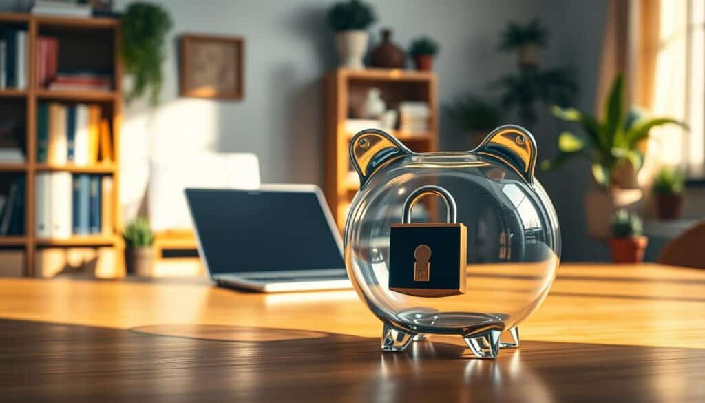 a high resolution image of a solid glass piggy bank with a padlock on the front, sitting on a wooden table in a well-lit home office environment. The piggy bank is positioned in the foreground, with a background of bookshelves, potted plants, and a laptop computer. The lighting is soft and natural, casting warm shadows and highlights on the piggy bank. The image conveys a sense of security, organization, and financial responsibility, reflecting the idea of building a solid financial foundation.