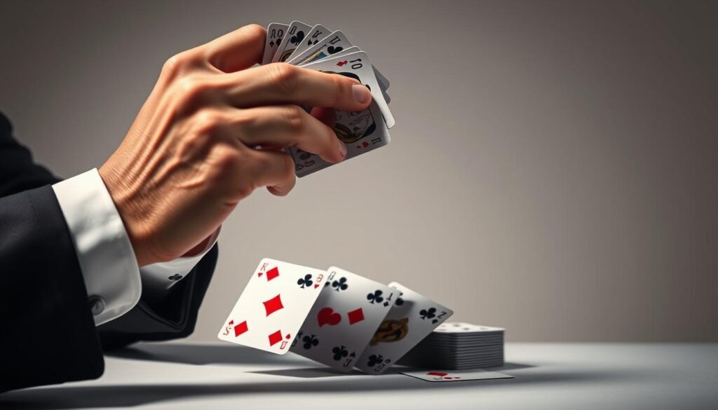 a highly detailed, hyper-realistic image of advanced card tricks, showing a skilled magician's hands performing a complex card manipulation sequence against a clean, minimalist background. The foreground features the magician's hands gracefully manipulating a deck of playing cards, with intricate flourishes and sleight of hand techniques on full display. The middle ground showcases the cards themselves, each one crisp and vibrant, with subtle reflections and highlights that add depth and realism. The background is a simple, neutral setting, allowing the card tricks to be the sole focus of the image, conveyed through dramatic studio lighting that casts dramatic shadows and highlights the nimble movements. The overall mood is one of awe and wonder, capturing the mesmerizing essence of advanced card magic.