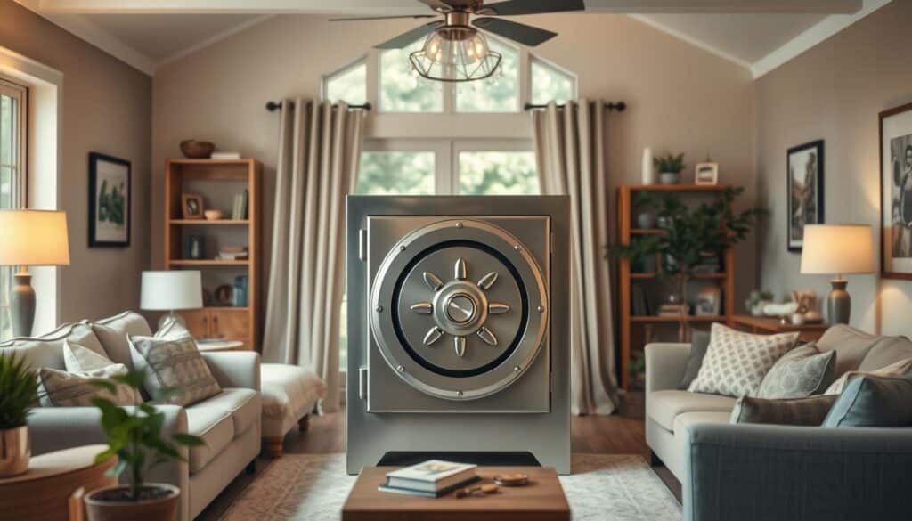 a peaceful home interior with a cozy living room, soft lighting, and a strong, secure-looking safe or steel vault in the center, representing a well-stocked emergency fund, surrounded by household objects and furnishings that convey a sense of financial stability and preparedness, in a realistic, high-quality photographic style with natural lighting, depth of field, and attention to detail a peaceful home interior with a cozy living room, soft lighting, and a strong, secure-looking safe or steel vault in the center, representing a well-stocked emergency fund, surrounded by household objects and furnishings that convey a sense of financial stability and preparedness, in a realistic, high-quality photographic style with natural lighting, depth of field, and attention to detail