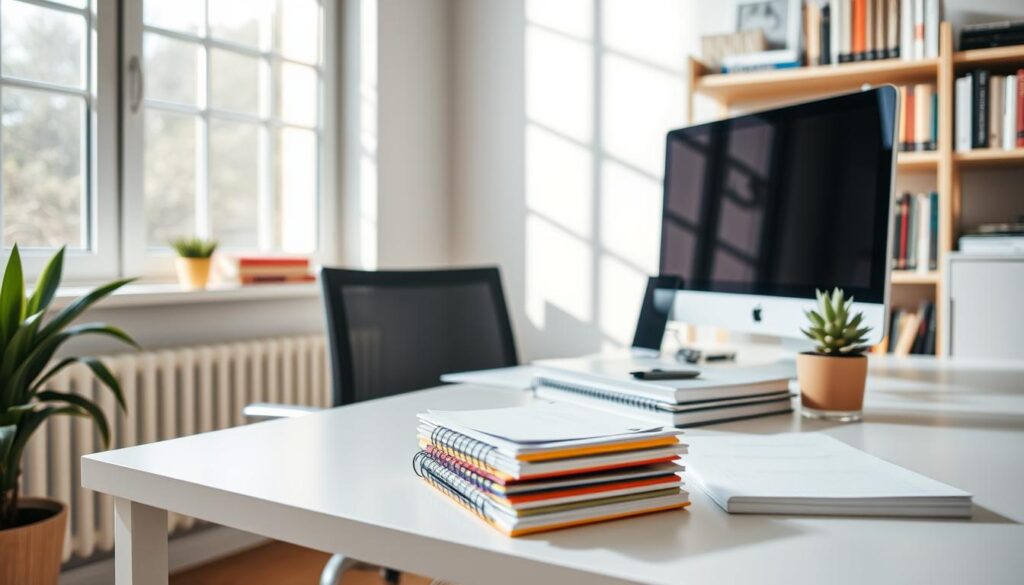 a well-organized home office with a desk, chair, and computer setup, in natural lighting from a large window, conveying a sense of calm and focus; a stack of colorful notebooks, a pen holder, and a small succulent plant on the desk, suggesting organization and productivity; in the background, a bookshelf with carefully arranged volumes, adding a touch of intellectual depth; the overall atmosphere is one of a thoughtfully designed, efficient workspace that inspires mindful financial planning and budgeting.